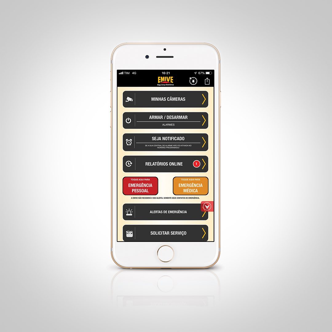 App de controle do alarme com câmeras, armar/desarmar, botão de pânico e relatórios